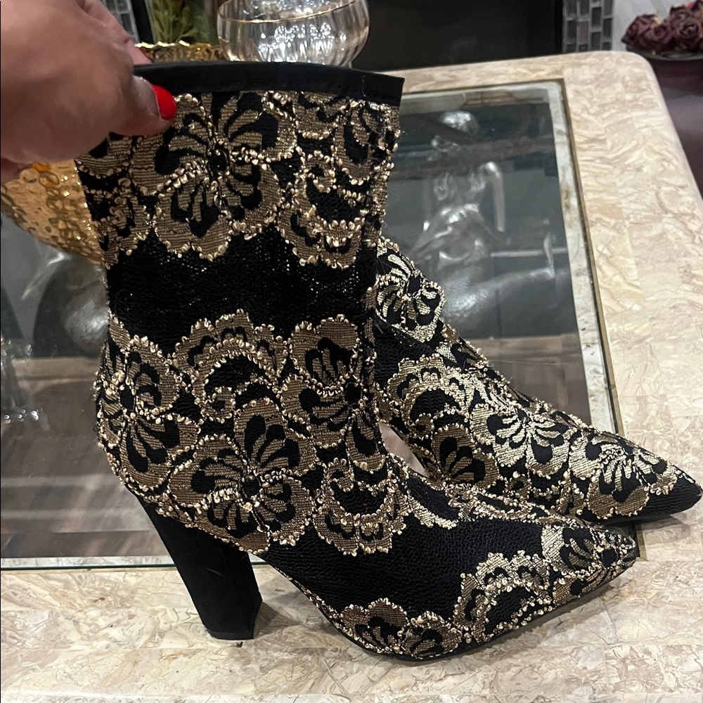 BAMBOO Black and Gold Brocade Ankle Booties